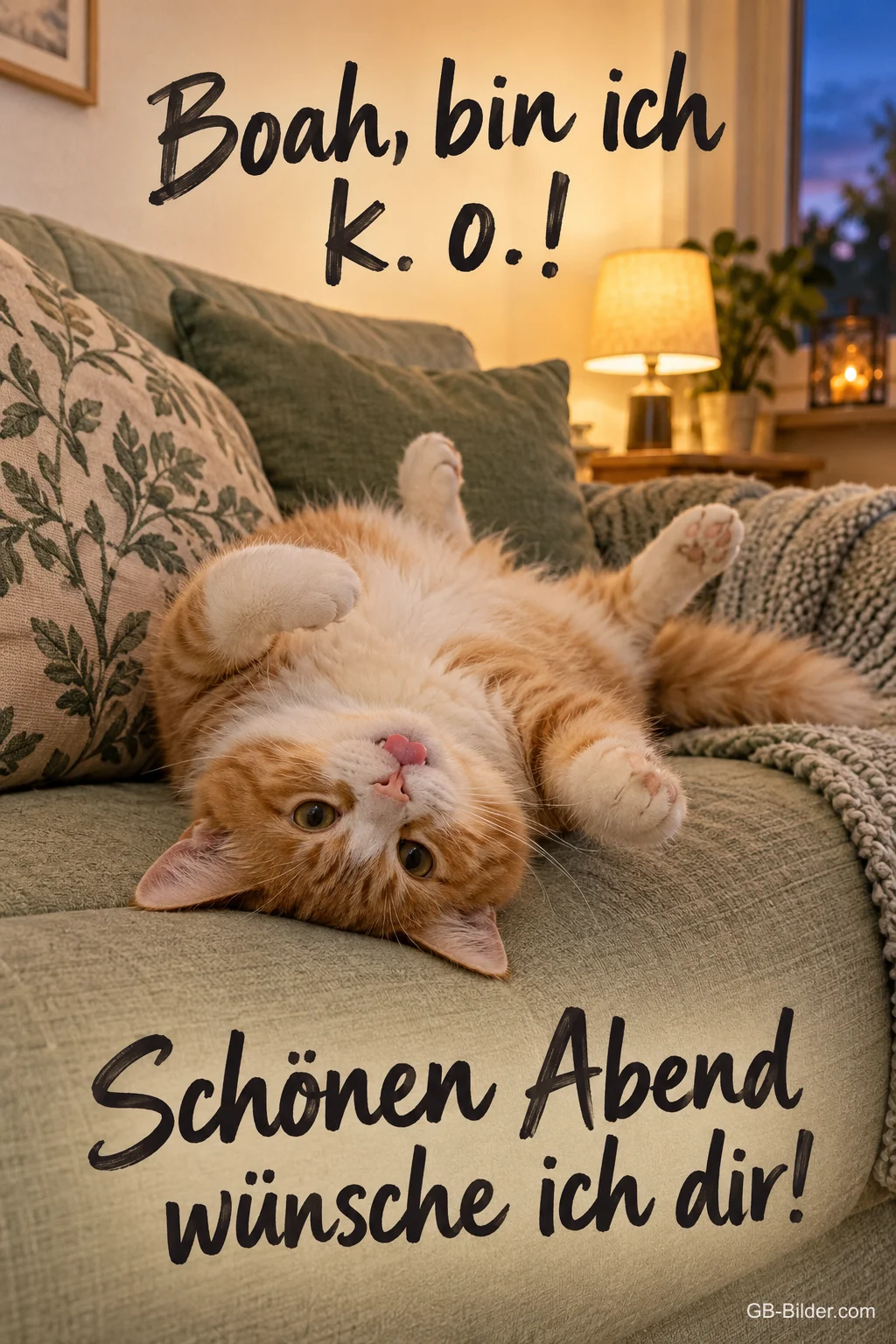 Rote Katze liegt rücklings auf dem Sofa, Text: Boah, bin ich k.o.! – Schönen Abend wünsche ich dir! Rote Katze liegt rücklings auf dem Sofa, Text: Boah, bin ich k.o.! – Schönen Abend wünsche ich dir!