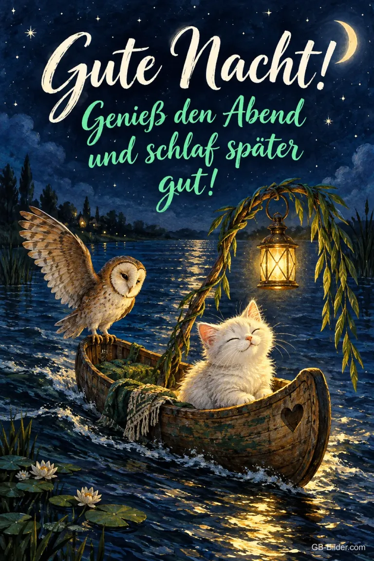 Weißes Kätzchen schläft in einem Boot, eine Schleiereule hält die Laterne, Text: Gute Nacht! Genieß den Abend und schlaf später gut!