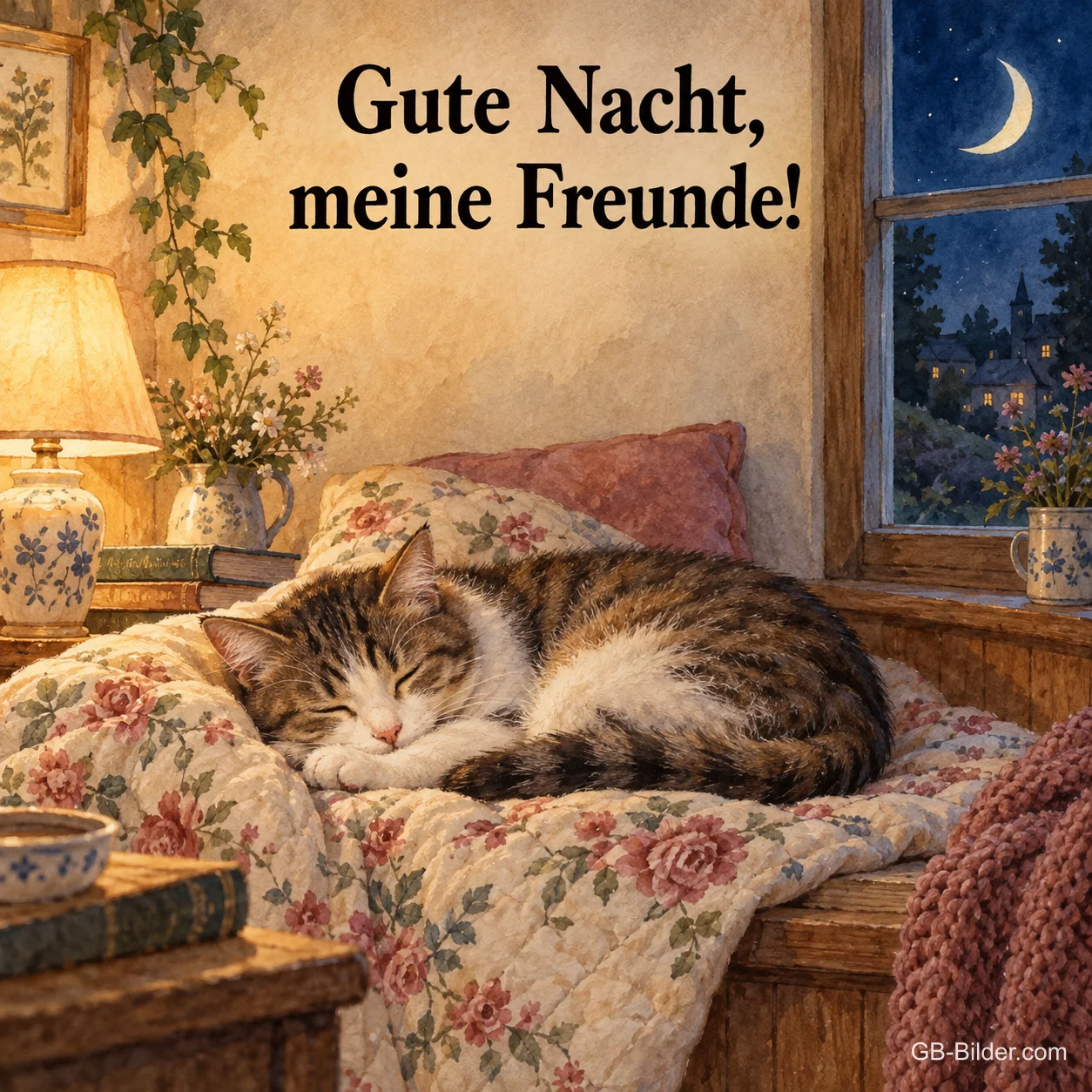 Getigerte Katze schläft auf einer Blumendecke am Fenster, Text: Gute Nacht, meine Freunde!