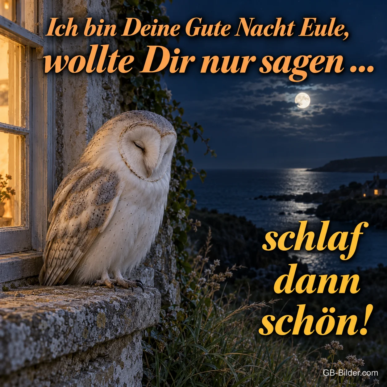 Schleiereule am Fenster, Text: Ich bin Deine Gute Nacht Eule, wollte Dir nur sagen