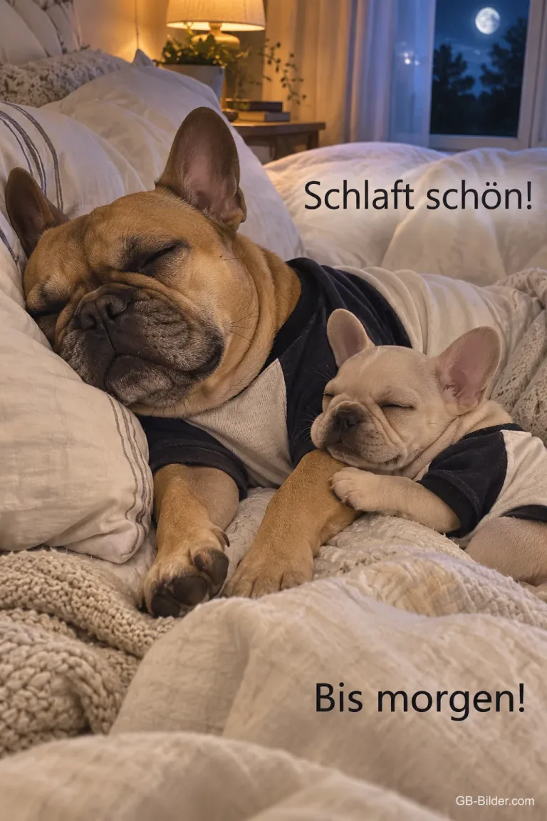 Französische Bulldogge und Welpe schlafen aneinandergekuschelt, Text: Schlaft schön! Bis morgen!