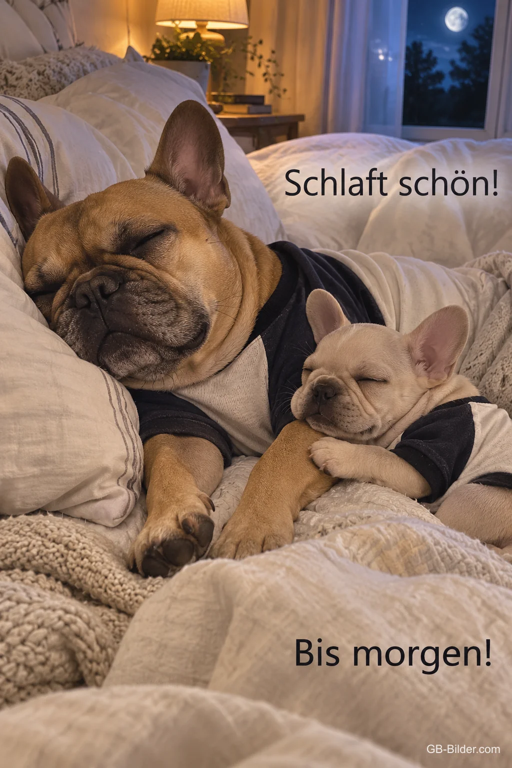 Französische Bulldogge und Welpe schlafen aneinandergekuschelt, Text: Schlaft schön! Bis morgen! Französische Bulldogge und Welpe schlafen aneinandergekuschelt, Text: Schlaft schön! Bis morgen!