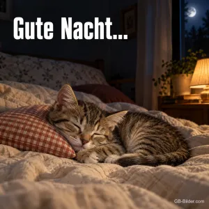 Getigertes Kätzchen schläft auf einem karierten Kissen, Text: Gute Nacht…