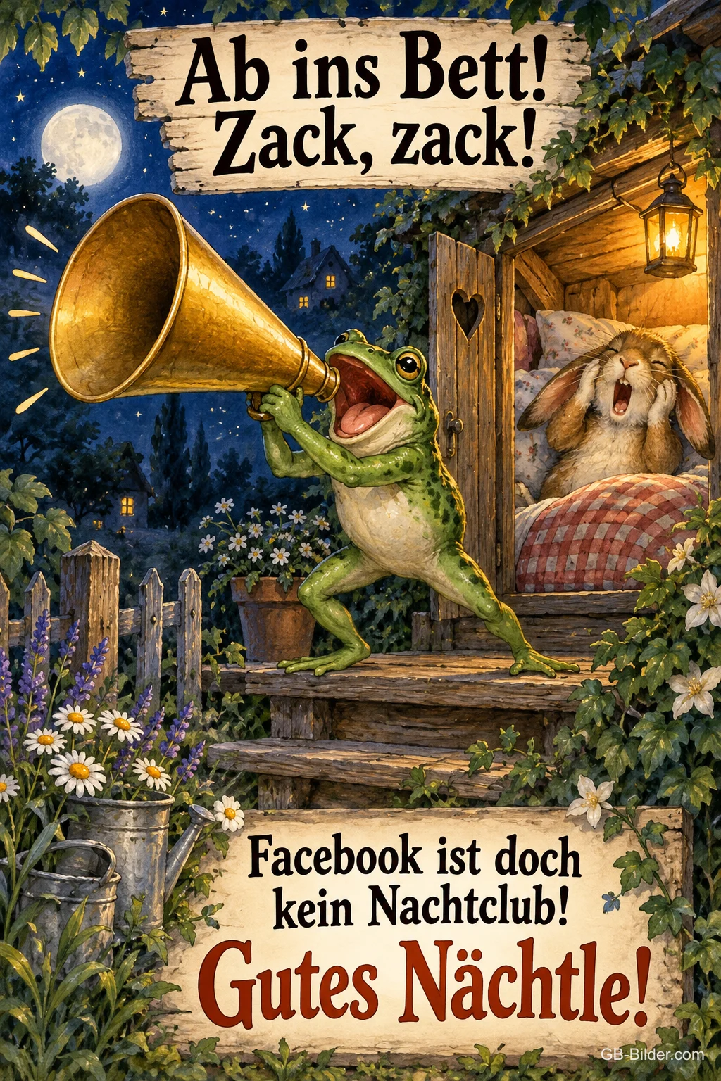 Frosch ruft durch ein Megafon, ein Hase hält sich die Ohren zu, Text: Ab ins Bett! Zack, zack! Facebook ist doch kein Nachtclub! Gutes Nächtle! Frosch ruft durch ein Megafon, ein Hase hält sich die Ohren zu, Text: Ab ins Bett! Zack, zack! Facebook ist doch kein Nachtclub! Gutes Nächtle!