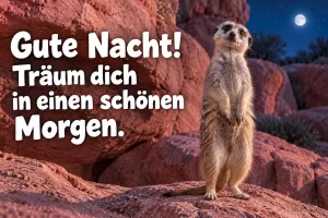 Erdmännchen steht aufrecht auf einem Felsen unter dem Mond, Text: Gute Nacht! Träum dich in einen schönen Morgen.