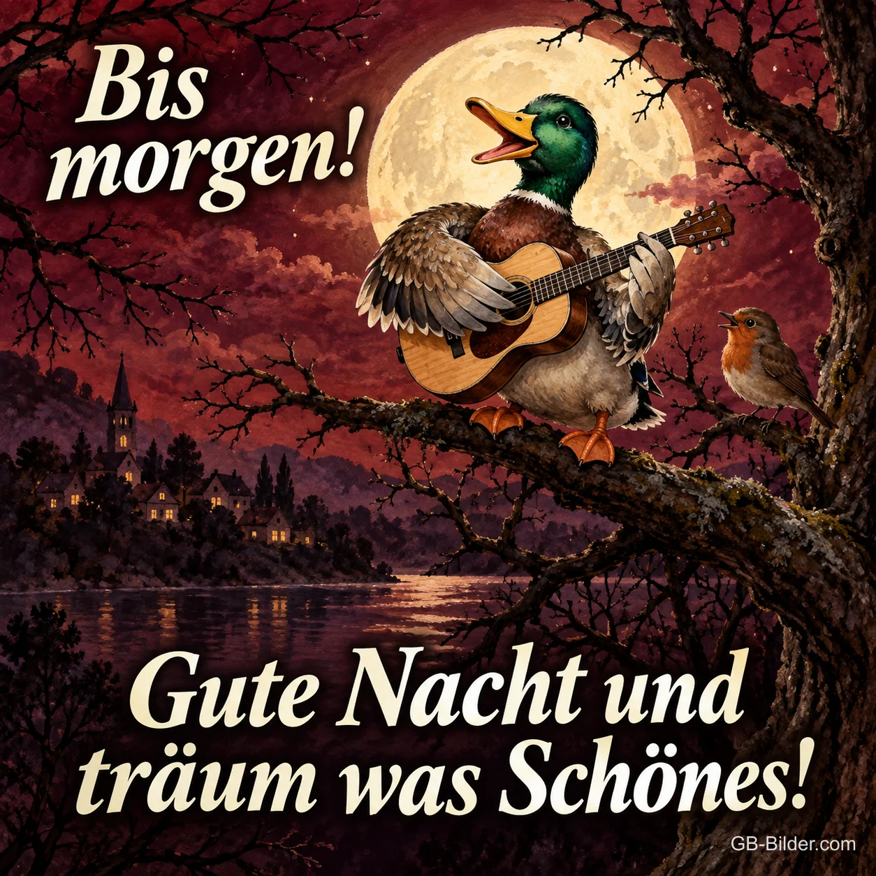 Stockente spielt Gitarre auf einem Ast vor dem Vollmond, Text: Bis morgen! Gute Nacht und träum was Schönes! Stockente spielt Gitarre auf einem Ast vor dem Vollmond, Text: Bis morgen! Gute Nacht und träum was Schönes!