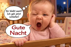 Baby gähnt im Gitterbett und hält sich ein Ohr zu, Text: Ihr bleibt wach? Ich geh jetzt schlafen! Gute Nacht