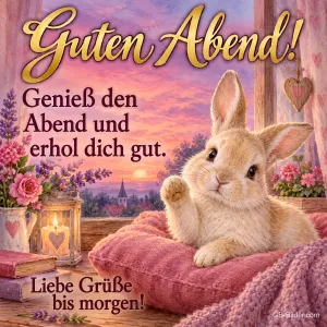 Hase winkt auf einem Kissen am Fenster, Text: Guten Abend! – Genieß den Abend und erhol dich gut. Liebe Grüße bis morgen!