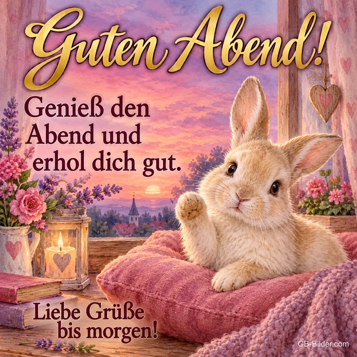 Hase winkt auf einem Kissen am Fenster, Text: Guten Abend! – Genieß den Abend und erhol dich gut. Liebe Grüße bis morgen! Hase winkt auf einem Kissen am Fenster, Text: Guten Abend! – Genieß den Abend und erhol dich gut. Liebe Grüße bis morgen!