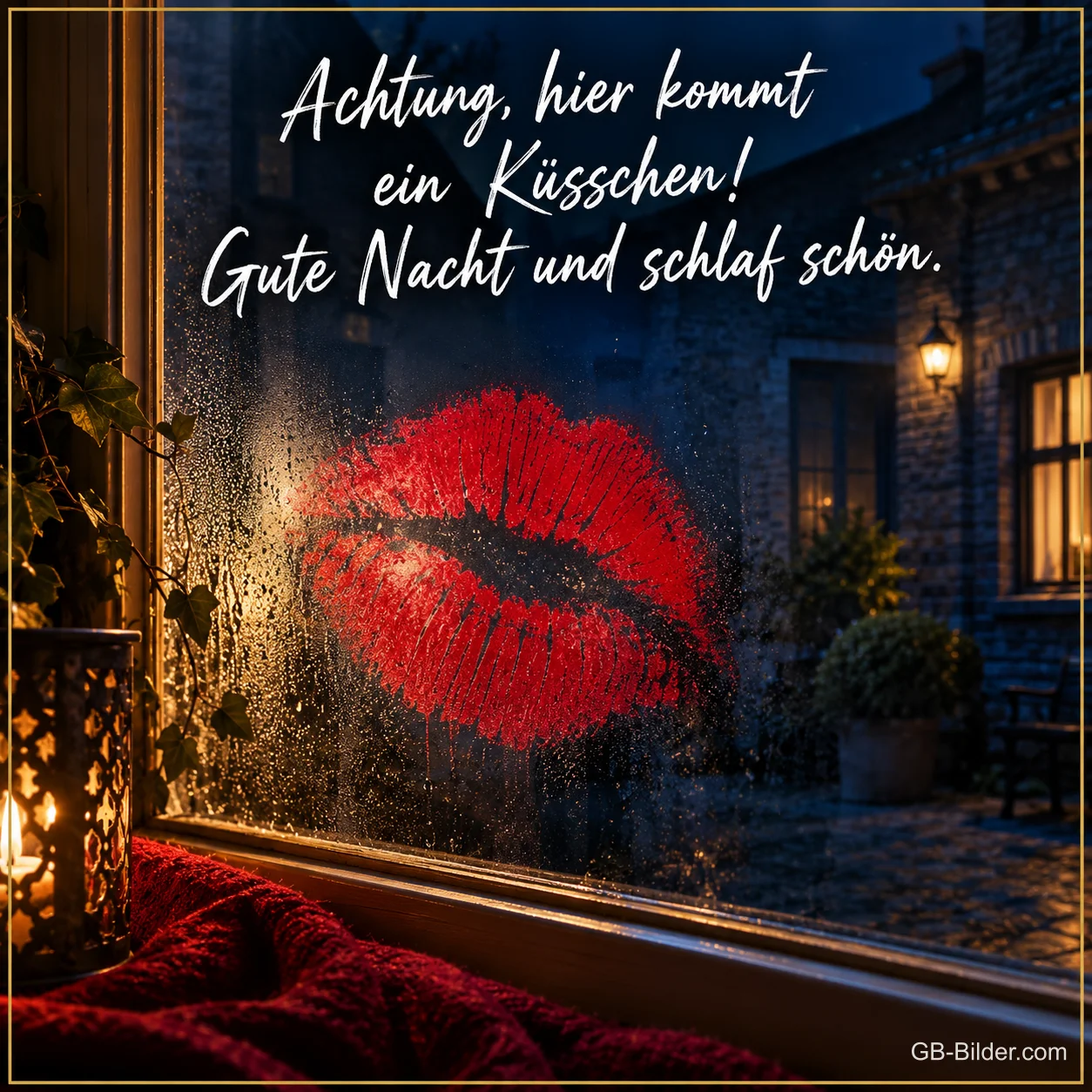 Roter Kussmund auf einer Fensterscheibe bei Nacht, Text: Achtung, hier kommt ein Küsschen! Gute Nacht und schlaf schön. Roter Kussmund auf einer Fensterscheibe bei Nacht, Text: Achtung, hier kommt ein Küsschen! Gute Nacht und schlaf schön.