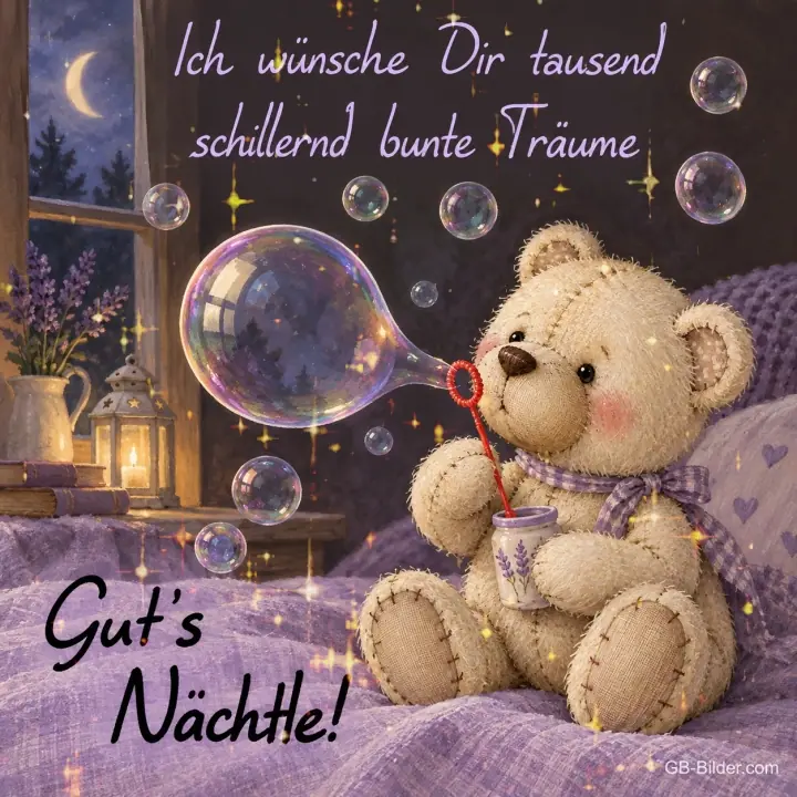Teddybär mit Seifenblasen, Text: Ich wünsche Dir tausend schillernd bunte Träume