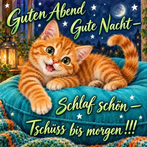 Rotes Kätzchen liegt lächelnd auf einem türkisen Kissen, Text: Guten Abend Gute Nacht – Schlaf schön – Tschüss bis morgen !!!