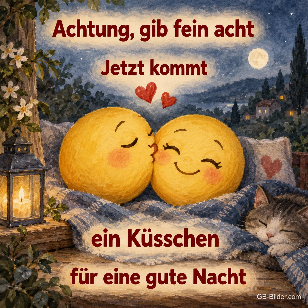 Küssende Smileys bei Nacht, Text: Achtung, gib fein acht Küssende Smileys bei Nacht, Text: Achtung, gib fein acht