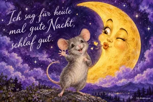 Maus winkt einem zwinkernden Mond mit Kussmund zu, Text: Ich sag für heute mal gute Nacht, schlaf gut.