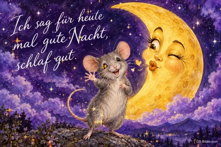 Maus winkt einem zwinkernden Mond mit Kussmund zu, Text: Ich sag für heute mal gute Nacht, schlaf gut.