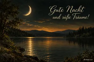 Mondsichel über einem See, Text: Gute Nacht und süße Träume