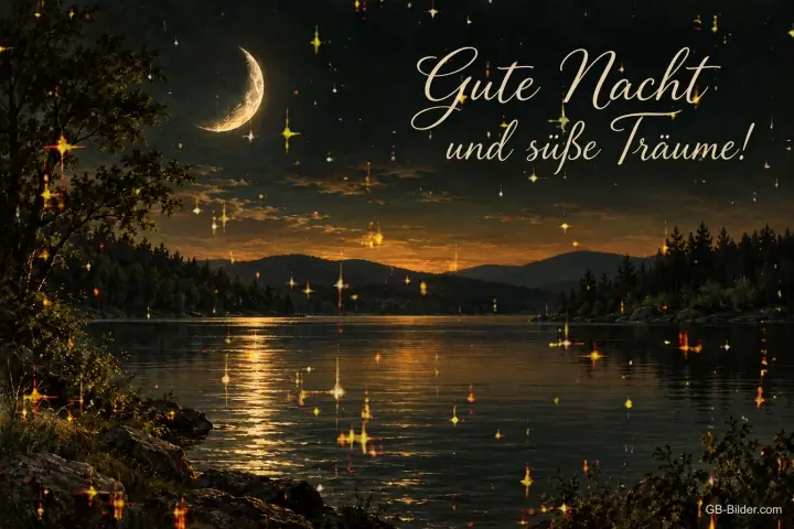 Mondsichel über einem See, Text: Gute Nacht und süße Träume