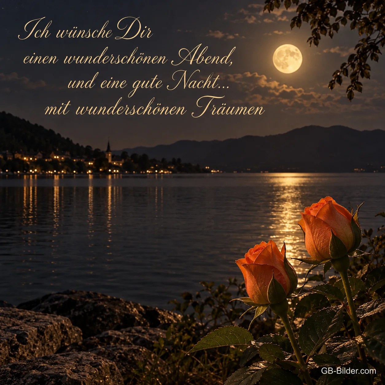 Orangefarbene Rosen am Seeufer unter dem Vollmond, Text: Ich wünsche Dir einen wunderschönen Abend, und eine gute Nacht… mit wunderschönen Träumen