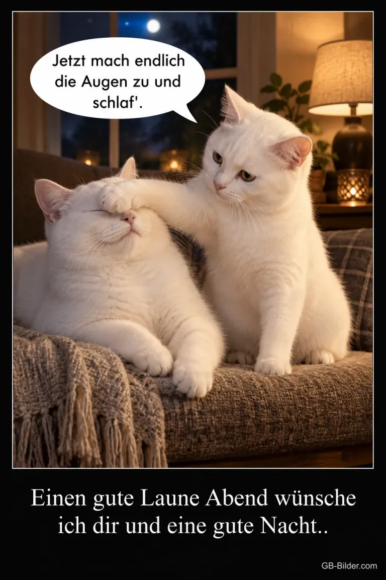 Zwei weiße Katzen, lustiger Gute-Nacht-Gruß, Text: Jetzt mach endlich die Augen zu und schlaf