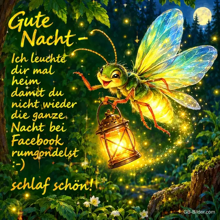 Glühwürmchen trägt eine leuchtende Laterne durch den nächtlichen Wald, Text: Gute Nacht – Ich leuchte dir mal heim damit du nicht wieder die ganze Nacht bei Facebook rumgondelst :-) schlaf schön!