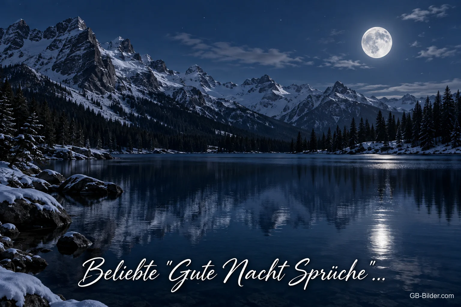 Verschneiter Bergsee unter dem Vollmond, Text: Beliebte „Gute Nacht Sprüche“…