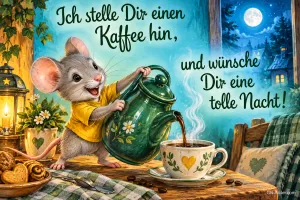 Maus gießt Kaffee aus einer grünen Kanne in eine Tasse bei Mondschein, Text: Ich stelle Dir einen Kaffee hin, und wünsche Dir eine tolle Nacht!