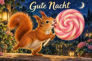 Eichhörnchen schleckt an einem großen Lutscher in der Nacht, Text: Gute Nacht