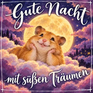 Hamster stützt den Kopf auf die Pfoten auf lila Wolken vor dem Vollmond, Text: Gute Nacht mit süßen Träumen