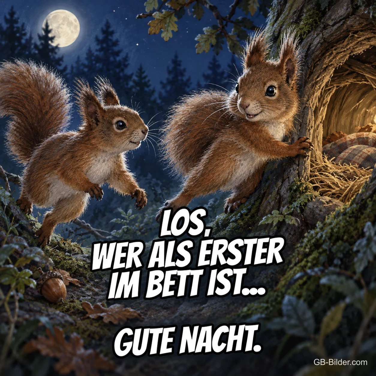 Zwei Eichhörnchen bei Nacht, lustiger Text, Text: Los, wer als erster im Bett ist Zwei Eichhörnchen bei Nacht, lustiger Text, Text: Los, wer als erster im Bett ist
