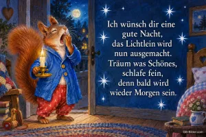 Eichhörnchen im Morgenmantel gähnt mit einer Kerze in der Hand, Text: Ich wünsch dir eine gute Nacht, das Lichtlein wird nun ausgemacht. Träum was Schönes, schlafe fein, denn bald wird wieder Morgen sein.