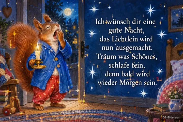 Eichhörnchen im Morgenmantel gähnt mit einer Kerze in der Hand, Text: Ich wünsch dir eine gute Nacht, das Lichtlein wird nun ausgemacht. Träum was Schönes, schlafe fein, denn bald wird wieder Morgen sein.