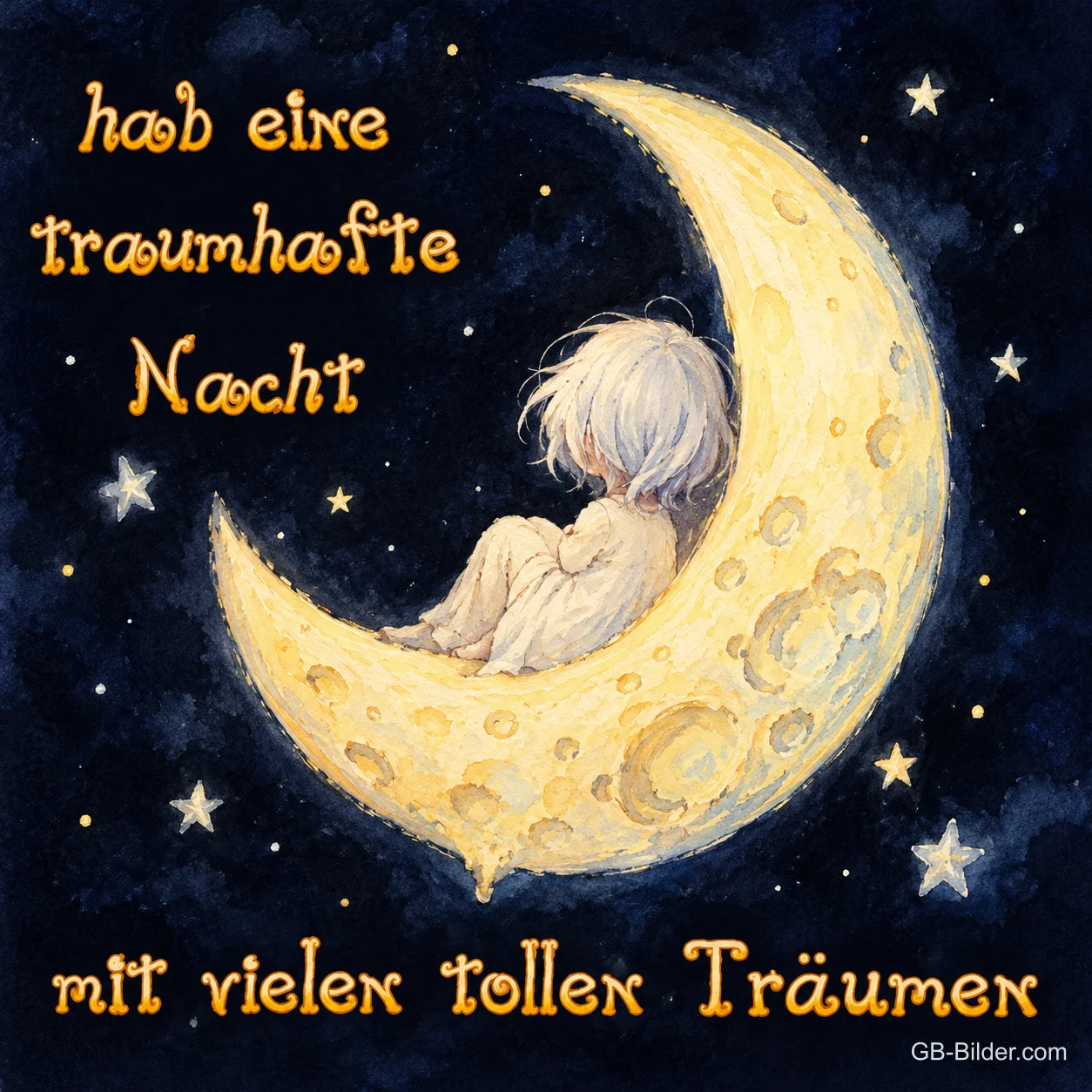 Kind schläft auf der Mondsichel, Text: Hab eine traumhafte Nacht mit vielen tollen Träumen