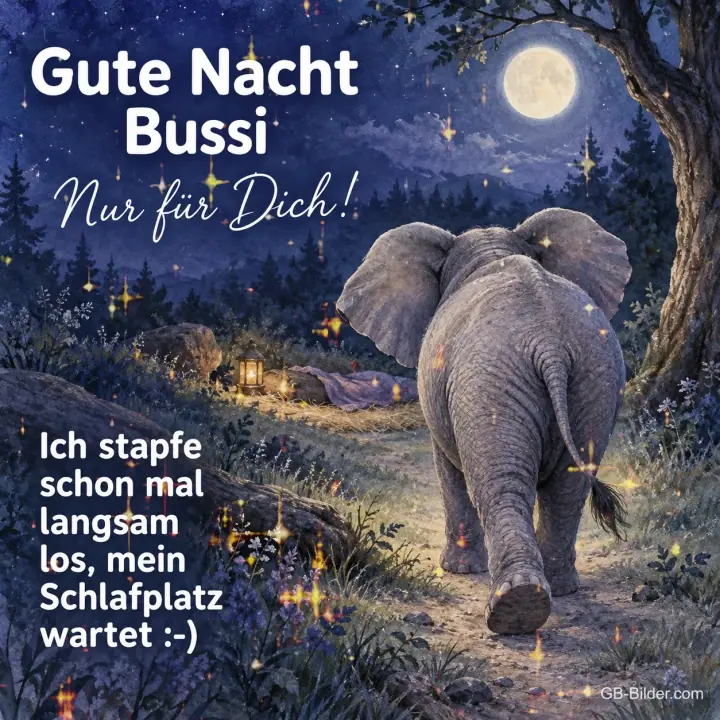Elefant auf dem Waldweg bei Vollmond, Text: Gute Nacht Bussi