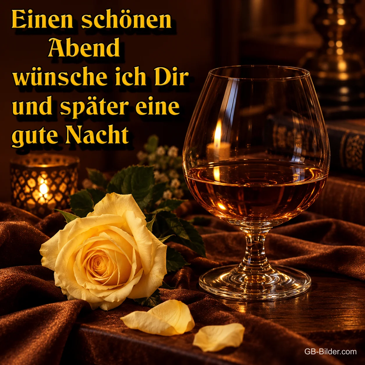 Cognacglas und gelbe Rose im Kerzenschein, Text: Einen schönen Abend wünsche ich dir und später eine gute Nacht
