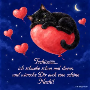 Katze auf Herzballon, Text: Tschüssiiiii