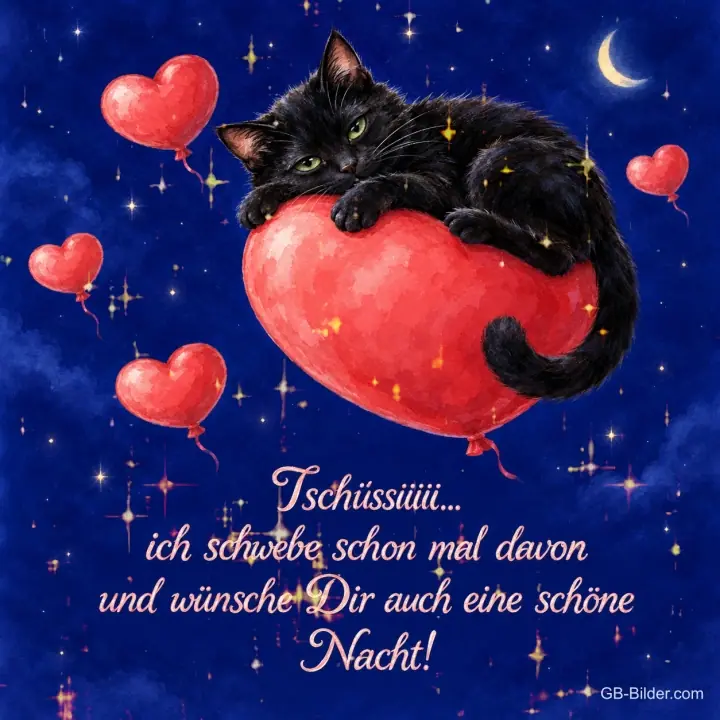 Katze auf Herzballon, Text: Tschüssiiiii