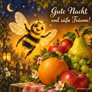 Fröhliche Hummel fliegt über Äpfel, Birnen und Trauben am Abend, Text: Gute Nacht und süße Träume!