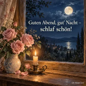 Rosen und Kerze am Fenster bei Vollmond, Text: Guten Abend, gut' Nacht – schlaf schön!