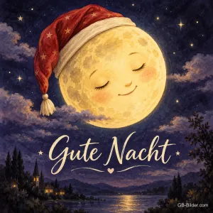 Schlafender Mond mit Zipfelmütze, Text: Gute Nacht
