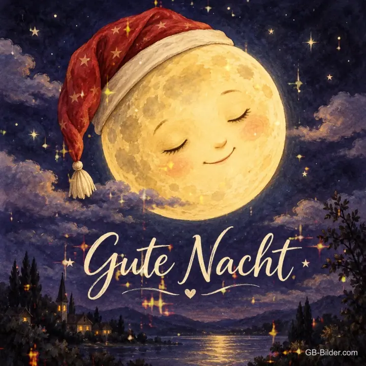 Schlafender Mond mit Zipfelmütze, Text: Gute Nacht