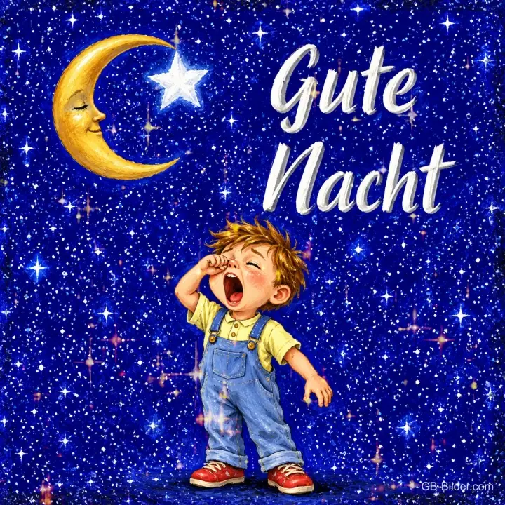 Kleiner Junge in Latzhose gähnt unter Mond und Sternen, Text: Gute Nacht