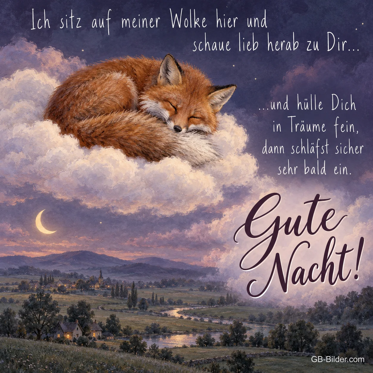 Schlafender Fuchs auf einer Wolke, Text: Ich sitz auf meiner Wolke hier und schaue lieb herab zu Dir Schlafender Fuchs auf einer Wolke, Text: Ich sitz auf meiner Wolke hier und schaue lieb herab zu Dir