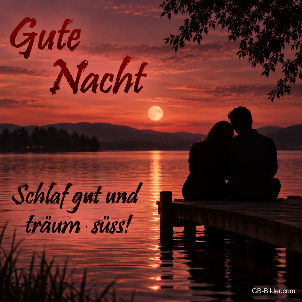 Paar auf dem Steg im Abendrot, Text: Gute Nacht Paar auf dem Steg im Abendrot, Text: Gute Nacht