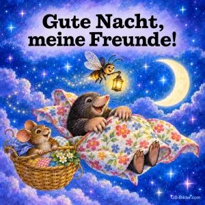Maulwurf liegt unter einer Blumendecke auf Wolken, daneben eine Maus im Korb, Text: Gute Nacht, meine Freunde!