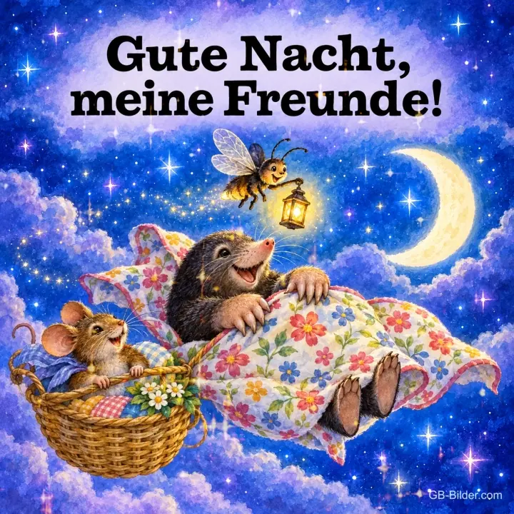 Maulwurf liegt unter einer Blumendecke auf Wolken, daneben eine Maus im Korb, Text: Gute Nacht, meine Freunde!