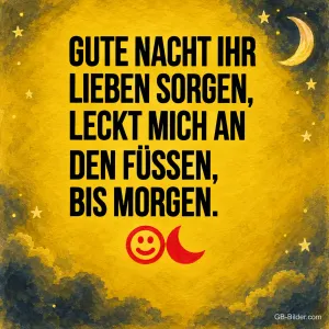 Schwarze Schrift auf gelbem Grund, lustiger Spruch: Gute Nacht ihr lieben Sorgen, bis morgen.
