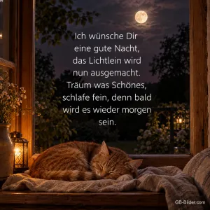 Schlafende Katze am Fenster, Text: Ich wünsche Dir eine gute Nacht, das Lichtlein wird nun ausgemacht