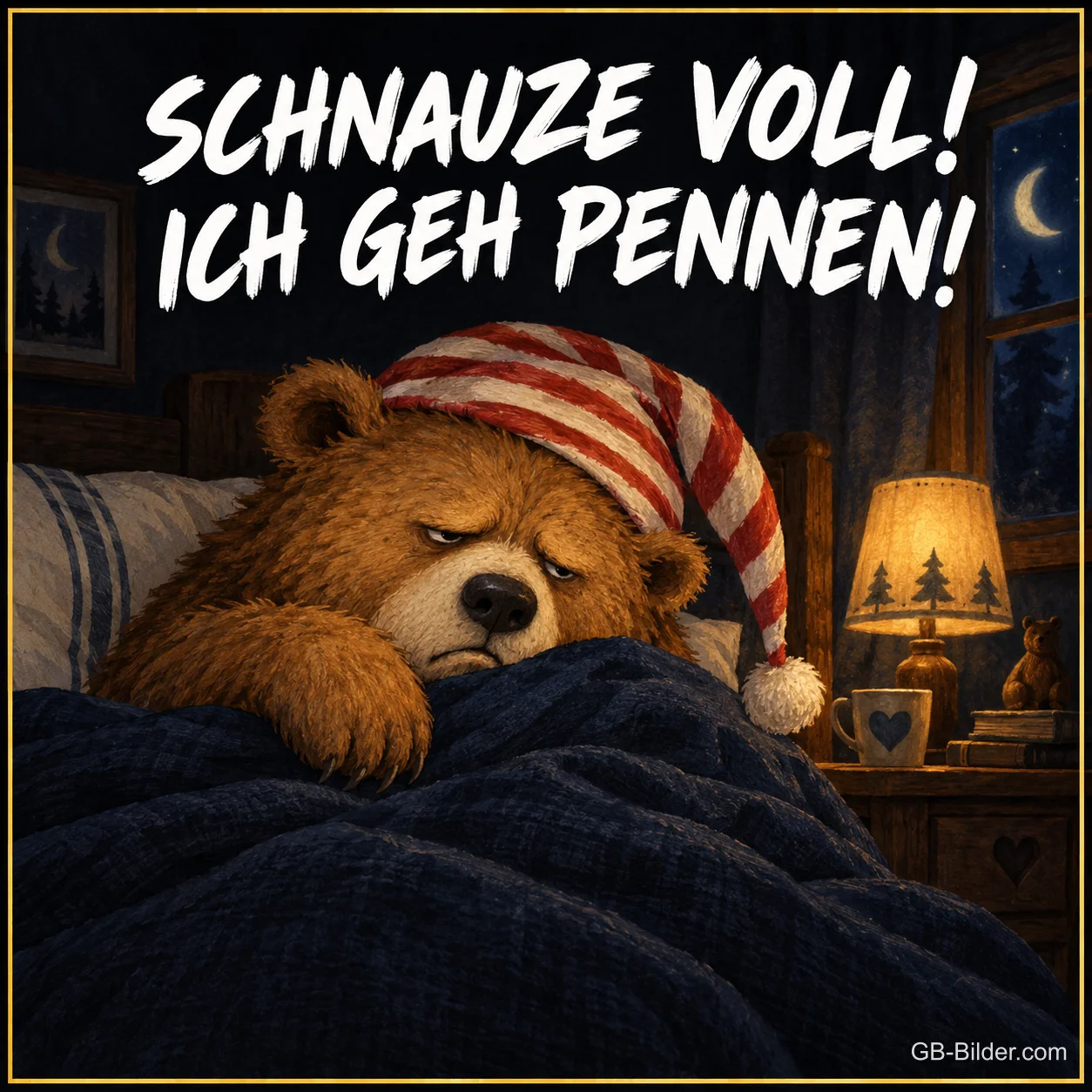 Grimmiger Bär im Bett, lustiger Text, Text: Schnauze voll Grimmiger Bär im Bett, lustiger Text, Text: Schnauze voll