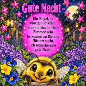 Lachende Biene zwischen Stiefmütterchen, pinke Sterne und Mond über einem Dorf, Text: Gute Nacht – Ein Engel, so winzig und klein, kommt leise in Dein Zimmer rein. Es kommt zu Dir und flüstert sacht, ich wünsche eine gute Nacht.