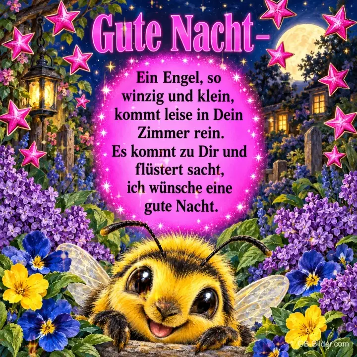 Lachende Biene zwischen Stiefmütterchen, pinke Sterne und Mond über einem Dorf, Text: Gute Nacht – Ein Engel, so winzig und klein, kommt leise in Dein Zimmer rein. Es kommt zu Dir und flüstert sacht, ich wünsche eine gute Nacht.